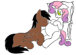 Size: 1024x737 | Tagged: safe, artist:fossildiggerpegasus, artist:lesbocarwash, edit, character:sweetie belle, oc, oc:fossil digger, 1000 hours in ms paint, belly kisses, canon x oc, color edit, colored, kissing, ms paint, older, pillow, preggy belle, pregnant, shipping