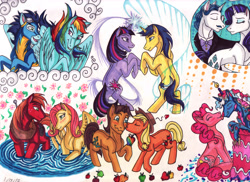 Size: 3506x2550 | Tagged: safe, artist:whitefangkakashi300, character:applejack, character:big mcintosh, character:caramel, character:comet tail, character:fancypants, character:fluttershy, character:pinkie pie, character:pokey pierce, character:rainbow dash, character:rarity, character:soarin', character:twilight sparkle, species:earth pony, species:pony, ship:carajack, ship:cometlight, ship:fluttermac, ship:pokeypie, ship:raripants, ship:soarindash, cake, food, kiss on the cheek, kissing, licking, male, shipping, stallion, straight, tongue out