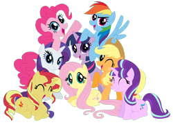 Size: 1028x752 | Tagged: safe, artist:margaretlovez, base used, character:applejack, character:fluttershy, character:pinkie pie, character:rainbow dash, character:rarity, character:starlight glimmer, character:sunset shimmer, character:twilight sparkle, character:twilight sparkle (alicorn), species:alicorn, species:pony, backwards cutie mark, female, mane six, mane six opening poses, mare, simple background, sunset vs starlight debate, transparent background