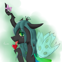 Size: 1200x1200 | Tagged: safe, artist:kanaowo, character:queen chrysalis, species:changeling, bow, changeling queen, female, heart, horn bow, solo