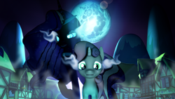 Size: 3840x2160 | Tagged: safe, artist:longsword97, character:nightmare rarity, character:rarity, character:sweetie belle, species:pony, species:unicorn, g4, 3d, crying, full moon, glowing eyes, mare in the moon, moon, night, ponyville, sisters, source filmmaker
