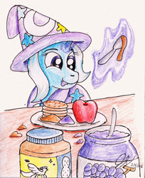 Size: 2125x2606 | Tagged: safe, artist:heromewtwo, character:trixie, species:pony, species:unicorn, apple, crackers, female, filly, food, jelly, mare, peanut butter, peanut butter crackers, redrawn, snacks, solo