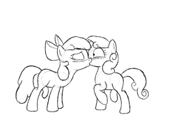 Size: 1600x1120 | Tagged: safe, artist:lesbocarwash, character:apple bloom, character:sweetie belle, ship:sweetiebloom, blushing, female, kissing, lesbian, monochrome, shipping, sketch