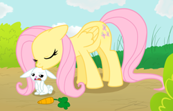 Size: 1350x864 | Tagged: safe, artist:mangaka-girl, character:angel bunny, character:fluttershy, species:pegasus, species:pony, g4, carrot, female, floppy ears, fluttermom, kissing, mare, photoshop