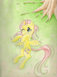 Size: 1024x1399 | Tagged: safe, artist:deadliestvenom, character:fluttershy, species:pegasus, species:pony, female, grass, high angle, looking away, lying down, on back, one eye closed, smiling, solo, spread out hair, spread wings, stray strand, traditional art, under the tree, wings