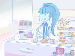 Size: 1400x1050 | Tagged: safe, artist:steve, character:sonata dusk, my little pony:equestria girls, blushing, cash register, eyes closed, female, food, japanese, pixiv, scanner, solo, store, twiman