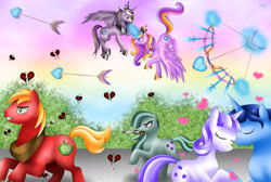 Size: 2352x1576 | Tagged: safe, artist:rose-beuty, character:big mcintosh, character:marble pie, character:night light, character:princess cadance, character:twilight velvet, species:earth pony, species:pony, ship:nightvelvet, arrow, bow (weapon), bow and arrow, cupid, cupidance, evil cadance, female, fight, heart, knife, magic, male, mare, mirror universe, mouth hold, princess of love, stallion, telekinesis, yandere