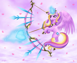 Size: 2629x2154 | Tagged: safe, artist:rose-beuty, character:princess cadance, arrow, bow (weapon), bow and arrow, cupid, cupidance, female, flying, grin, heart, holiday, magic, solo, telekinesis, valentine's day