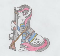 Size: 934x872 | Tagged: safe, artist:agentappleblanket, oc, oc only, oc:blackjack, species:pony, species:unicorn, fallout equestria, fallout equestria: project horizons, clothing, cutie mark, fanfic, fanfic art, female, gun, hooves, horn, mare, pencil drawing, pipbuck, shotgun, simple background, sitting, smiling, solo, teeth, traditional art, vault suit, weapon