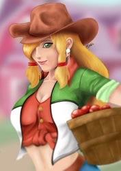 Size: 620x877 | Tagged: safe, artist:reillyington86, character:applejack, species:human, apple, female, food, humanized, solo
