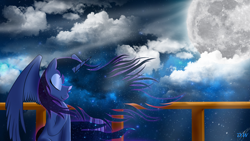 Size: 4000x2250 | Tagged: safe, artist:darkwolfmx, character:princess luna, species:alicorn, species:pony, balcony, cloud, ethereal mane, eyes closed, eyeshadow, female, galaxy mane, makeup, moon, moonlight, solo