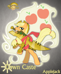 Size: 1044x1280 | Tagged: safe, artist:rhanite, character:applejack, species:earth pony, species:pony, abstract background, anima banner, armor, crossover, exalted, female, gray background, mare, mouth hold, photoshop, simple background, solar exalted, solo, sword, weapon