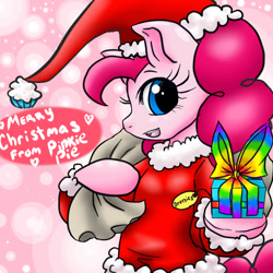 Size: 640x640 | Tagged: safe, artist:animecreator, character:pinkie pie, clothing, female, get, heart, hoof hold, index get, looking at you, merry christmas, milestone, open mouth, present, santa costume, semi-anthro, smiling, solo, x00000 milestone