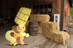 Size: 4752x3168 | Tagged: safe, artist:archonitianicsmasher, artist:hachaosagent, character:applejack, balancing, barrel, coke, fire extinguisher, food, hay bale, irl, photo, ponies balancing stuff on their nose, ponies in real life, shadow, show off, sign, soda, solo, vector