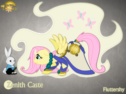 Size: 1280x959 | Tagged: safe, artist:rhanite, character:angel bunny, character:fluttershy, species:pegasus, species:pony, species:rabbit, abstract background, anima banner, clothing, crossover, dress, duo, exalted, female, gray background, male, mare, miyamoto usagi, photoshop, simple background, solar exalted, usagi yojimbo