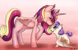 Size: 2679x1725 | Tagged: safe, artist:kysimon, character:princess cadance, character:princess flurry heart, species:alicorn, species:pony, spoiler:s06, eye contact, mama cadence, mother and daughter, smiling, spread wings, wings