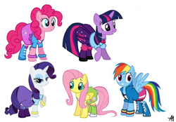 Size: 736x512 | Tagged: safe, artist:bananimationofficial, edit, character:fluttershy, character:pinkie pie, character:rainbow dash, character:rarity, character:twilight sparkle, my little pony:equestria girls, bedroom eyes, bracelet, clothing, equestria girls ponified, grin, op is a duck, op is trying to start shit, ponified, raised hoof, smiling, spread wings, wings
