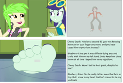 Size: 1024x695 | Tagged: safe, artist:trohobo, character:blueberry cake, character:cherry crash, character:normal norman, g4, my little pony:equestria girls, background human, barefoot, blueberry cake, cherry crash, crush fetish, feet, foot fetish, micro