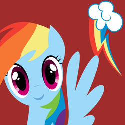 Size: 1000x1000 | Tagged: safe, artist:demonreapergirl, character:rainbow dash, species:pegasus, species:pony, bust, female, lineless, looking at you, mare, portrait, red background, simple background, smiling, solo, spread wings, wings