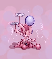 Size: 1721x1947 | Tagged: safe, artist:maxtaka, character:pinkie pie, species:earth pony, species:pony, g4, balancing, female, headstand, mare, plate spinning, solo, upside down