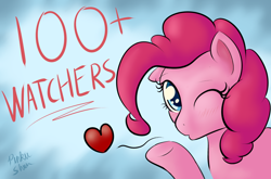 Size: 900x594 | Tagged: safe, artist:pinkiesheen, character:pinkie pie, blowing a kiss, female, milestone, solo