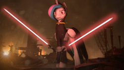 Size: 3840x2160 | Tagged: safe, artist:dazzion, character:princess celestia, species:alicorn, species:pony, 3d, apocalyptic, cape, clothing, crossover, dark, female, fire, force, lightsaber, mare, sith, solo, source filmmaker, star wars, weapon