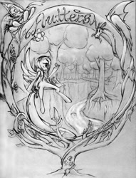 Size: 832x1091 | Tagged: safe, artist:lordspiffy, character:discord, character:fluttershy, species:bird, species:rabbit, butterfly, english, flower, flower in hair, forest, modern art, monochrome, nouveau, outdoors, pencil drawing, river, stream, traditional art, tree
