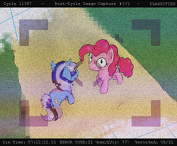 Size: 1300x1073 | Tagged: safe, artist:pinkiesheen, character:minuette, character:pinkie pie, species:earth pony, species:pony, species:unicorn, breaking the fourth wall, camera, camera shot, disintegration, error, eyes on the prize, fourth wall, glitch, looking at you, looking up, looking up at you, simulation, story included, xk-class end-of-the-world scenario