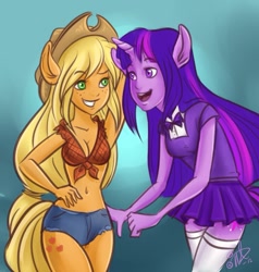 Size: 749x787 | Tagged: safe, artist:uppun, character:applejack, character:twilight sparkle, species:anthro, ambiguous facial structure, belly button, cleavage, clothing, female, front knot midriff, midriff, skirt