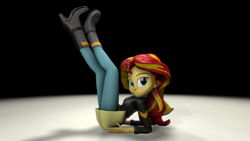 Size: 1920x1080 | Tagged: safe, artist:blumppidy, character:sunset shimmer, my little pony:equestria girls, 3d, boots, clipping, clothing, female, jacket, leg focus, legs in air, light, looking at you, lying down, on back, pinup, shadow, short skirt, skirt, solo, source filmmaker, stockings, sultry pose