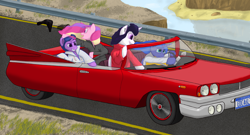 Size: 2000x1083 | Tagged: safe, artist:sv37, character:princess cadance, character:princess celestia, character:princess luna, character:twilight sparkle, character:twilight sparkle (alicorn), species:alicorn, species:pony, alicorn tetrarchy, car, clothing, costume, elvis impersonator contest, elvis presley, female, mare