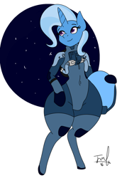 Size: 1100x1400 | Tagged: safe, artist:quakebrothers, character:trixie, astronaut, female, impossibly wide hips, semi-anthro, solo, space suit, wide hips