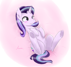 Size: 1800x1700 | Tagged: safe, artist:kanaowo, character:starlight glimmer, species:pony, species:unicorn, bed, blushing, female, lying down, solo