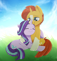 Size: 549x587 | Tagged: safe, artist:okaces, character:starlight glimmer, character:sunburst, species:pony, species:unicorn, ship:starburst, blushing, cuddling, cute, eyes closed, female, floppy ears, glimmerbetes, hug, male, mare, prone, shipping, sitting, smiling, snuggling, stallion, straight, weapons-grade cute