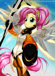 Size: 1636x2248 | Tagged: safe, artist:fluffydus, character:fluttershy, armor, crossover, female, lending a hoof, mercy, mercyshy, overwatch, solo
