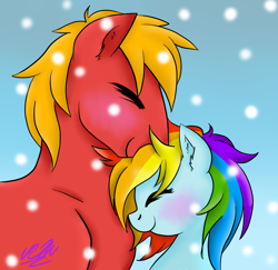 Size: 958x933 | Tagged: safe, artist:tomcolt15, character:big mcintosh, character:rainbow dash, species:earth pony, species:pony, ship:rainbowmac, cuddling, eyes closed, male, shipping, snow, snowfall, snuggling, stallion, straight