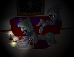 Size: 2986x2298 | Tagged: safe, artist:sweetbrew, character:cloudchaser, character:flitter, character:rumble, blanket, candle, couch, crossed legs, dark, female, indoors, male, night, prone, reading, snow