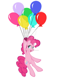 Size: 800x1035 | Tagged: safe, artist:missanimegrl, character:pinkie pie, balloon, dexterous hooves, female, hoof hold, solo, then watch her balloons lift her up to the sky, watermark