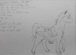 Size: 4082x2978 | Tagged: safe, artist:gabriel-titanfeather, oc, oc only, oc:quintillus halfheart, species:pegasus, species:pony, blank flank, earring, male, monochrome, pencil drawing, piercing, solo, stallion, traditional art, walking