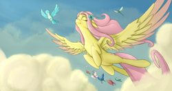 Size: 1710x900 | Tagged: safe, artist:dryayberg, character:fluttershy, species:bird, butterfly, colored wings, colored wingtips, dragonfly, eyes closed, female, flower, flower in hair, flying, sky, solo, spread wings, wings