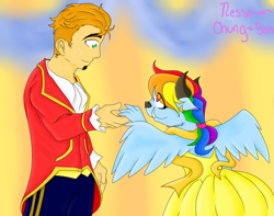 Size: 1007x794 | Tagged: safe, artist:tomcolt15, character:big mcintosh, character:rainbow dash, species:human, ship:rainbowmac, beauty and the beast, belle, crossover, female, humanized, male, shipping, straight
