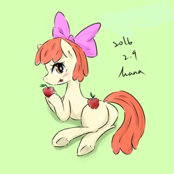 Size: 1000x1000 | Tagged: safe, artist:kanaowo, character:apple bloom, species:earth pony, species:pony, apple, blep, bloom butt, blushing, bow, butt, dock, drool, female, filly, foal, food, fruit, green background, hair bow, licking, licking lips, looking at you, looking back, looking back at you, plot, shadow, signature, simple background, smiling, smiling at you, solo, tongue out