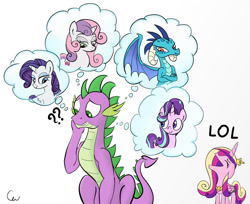 Size: 1030x840 | Tagged: safe, artist:cogweaver, character:princess cadance, character:princess ember, character:rarity, character:spike, character:starlight glimmer, character:sweetie belle, species:dragon, species:pony, ship:emberspike, ship:sparity, ship:sparlight, ship:spikebelle, :t, :v, adult, adult spike, bedroom eyes, cadance laughs at your misery, colored, confused, cute, emberbetes, eyes closed, female, floppy ears, frown, funny, funny as hell, gritted teeth, harem, hilarious in hindsight, laughing, lol, male, older, older spike, older sweetie belle, open mouth, question mark, scrunchy face, shipping, simple background, smiling, spikabetes, spike gets all the mares, straight, thought bubble, tsundember, tsundere, white background, with great power comes great shipping, worried