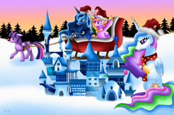 Size: 1664x1106 | Tagged: safe, artist:rose-beuty, character:princess cadance, character:princess celestia, character:princess luna, character:twilight sparkle, character:twilight sparkle (alicorn), species:alicorn, species:pony, abuse, canterlot castle, clothing, female, hat, mare, mean, sad, santa hat, sleigh, snow, twilybuse