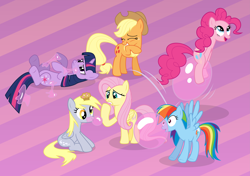 Size: 8515x6000 | Tagged: safe, artist:plsim, character:applejack, character:derpy hooves, character:fluttershy, character:pinkie pie, character:rainbow dash, character:twilight sparkle, species:pegasus, species:pony, absurd resolution, bouncing, bubblegum, female, food, gum, mare, muffin, pinkie being pinkie, pinkie physics