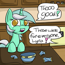 Size: 1280x1280 | Tagged: safe, artist:roflpony, character:lyra heartstrings, ask-wackylyra, bowl, candy, cupboard, dialogue, eating, female, food, implied bon bon, jar, kitchen, looking at you, offscreen character, puffy cheeks, solo, speech bubble, table, wrapper