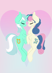 Size: 1024x1430 | Tagged: safe, artist:bookxworm89, character:bon bon, character:lyra heartstrings, character:sweetie drops, ship:lyrabon, eyes closed, female, gradient background, heart, lesbian, shipping