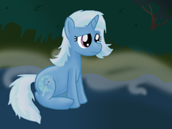 Size: 1600x1200 | Tagged: safe, artist:inkblu, character:trixie, species:pony, species:unicorn, everfree forest, female, mare, sad, solo