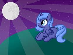 Size: 1600x1200 | Tagged: safe, artist:inkblu, character:princess luna, cute, female, filly, moon, night, solo, woona
