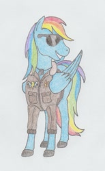 Size: 612x996 | Tagged: safe, artist:agentappleblanket, character:rainbow dash, bomber jacket, dog tags, female, pencil drawing, solo, sunglasses, traditional art